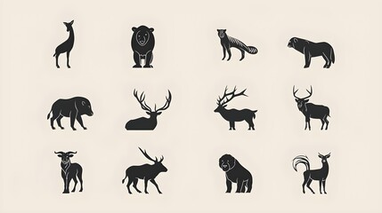 Fototapeta premium Set of modern minimalist silhouette wild animals