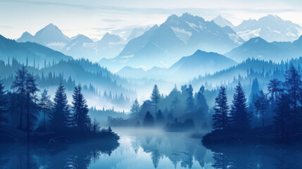 Obraz premium An atmospheric illustration of misty mountains and a lake, with dense forest and reflections in the water, creating a serene scene.
