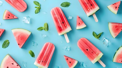 Watermelon popsicle ice cream on blue pastel background