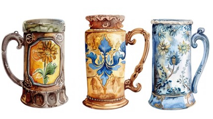 Traditional beer steins with intricate designs, International Beer Day, cultural heritage 