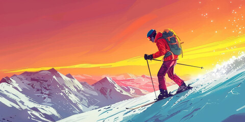 Vibrant illustration of a skier descending a snow-covered mountain at sunset with a colorful sky in the background.