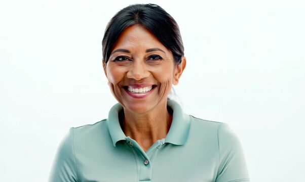 portrait of a Filipino woman in her 40s wearing a sporty polo shirt against a white background