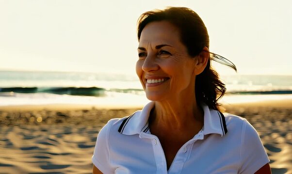 portrait of a Mexican woman in her 40s wearing a sporty polo shirt against a beach background