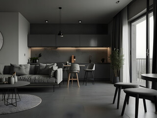 Modern Minimalist Studio Apartment with Grey Interior