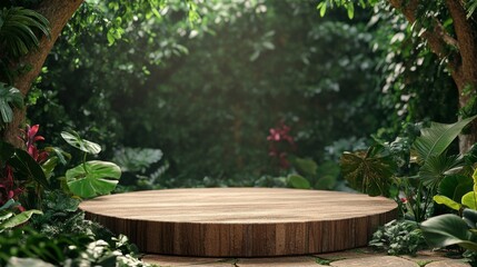 A natural 3D podium featuring wooden textures and surrounded by lush greenery. Ideal for eco-friendly products or nature-themed presentations