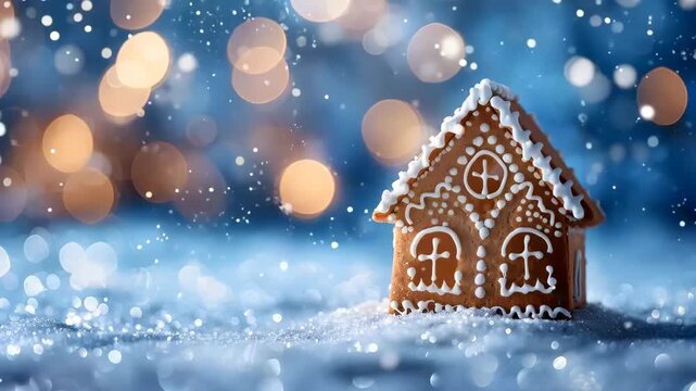 Motion animation of decorated gingerbread house with falling snow and shining golden lights on blurred blue background. Sweet cookies for winter holidays. Merry Christmas and Happy New Year