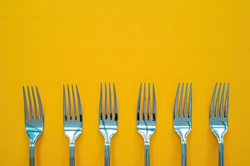 A row of six forks are on a yellow background. The forks are all the same size and are positioned in a straight line