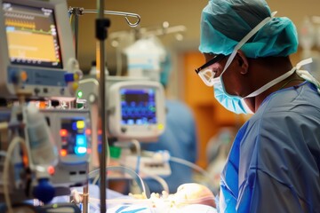 Surgical Team Member Wearing Scrubs and Mask in Hospital Operating Room During Procedure