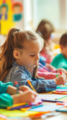Fototapeta premium Focused Young Girl Drawing in a Colorful Classroom