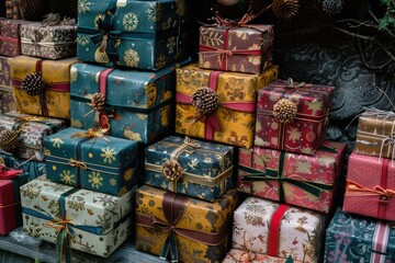A stack of colorful presents with a pine cone on top