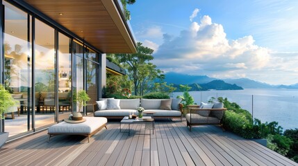 A beautiful view of the ocean from a wooden deck with a large couch and a table. The scene is serene and peaceful, with the sound of waves crashing in the background
