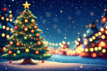 Obraz premium Vibrant Christmas scene with a lit-up green Christmas tree adorned with colorful ornaments, set against a backdrop of a starry night sky filled with falling snowflakes and the glowing lights.