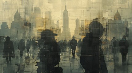 Contemporary Art Collage: City Skyline in Smog with Masked Citizens

