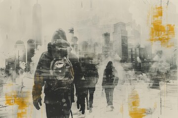 Contemporary Art Collage: City Skyline in Smog with Masked Citizens

