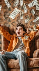 Boy in a Brown Armchair, Surrounded by Falling Money