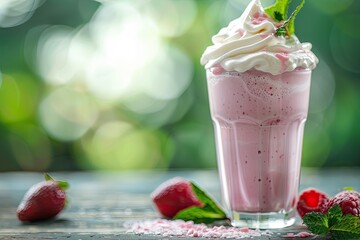 A glass of pink drink with whipped cream on top and a strawberry on the side. The drink is served on a wooden table