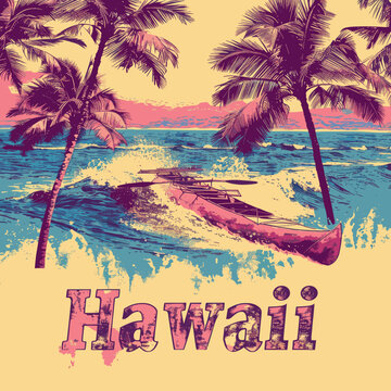 Vintage Hawaii travel poster with outrigger canoe, palm trees, ocean waves, and retro typography, perfect for tropical-themed decor and souvenirs, evoking nostalgic island vibes and adventure