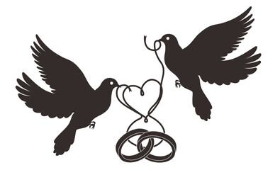 two doves and a wedding ring tied with a ribbon