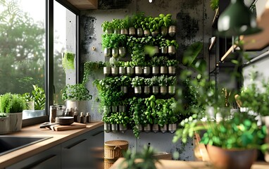 Fototapeta premium several small herb planters in Kitchen vertical garden, mounted on the kitchen wall, including basil, parsley, chives, oregano, and cilantro