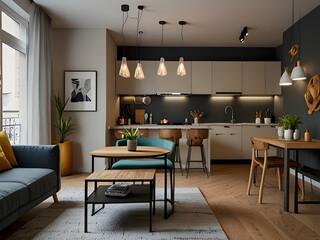 Fototapeta premium Interior Design for Apartment with Small Kitchen and Living Room