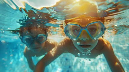 Naklejka premium Children playing under the pool with goggles