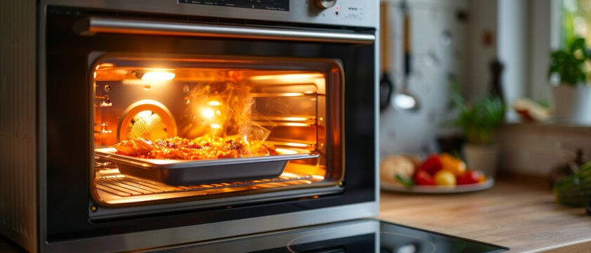 A dish baking inside a modern oven, emitting a warm golden glow, depicting home cooking and delicious meals.