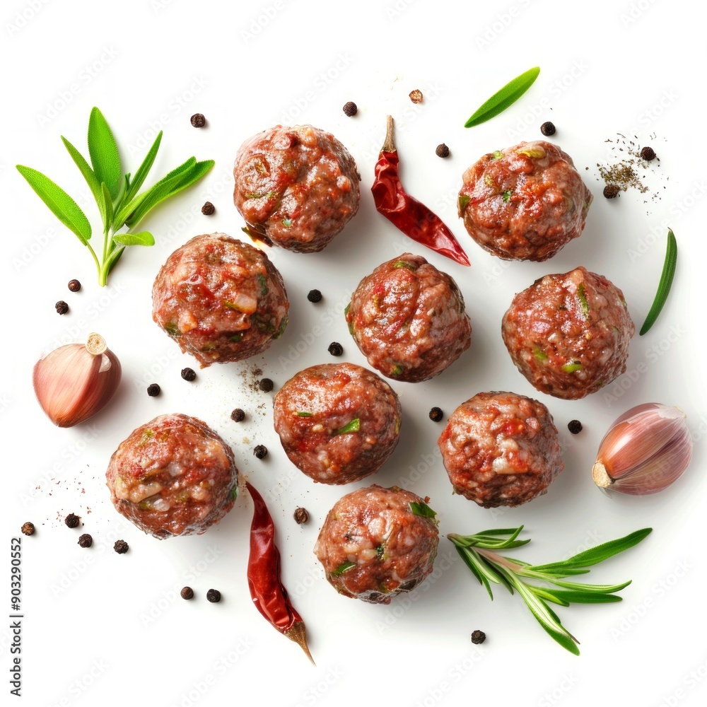 Poster Delicious Raw Meatballs with Fresh Herbs and Spices on White Background. Perfectly arranged ingredients showcasing culinary art and food styling. Ideal for cooking blogs, websites, and cookbooks. AI