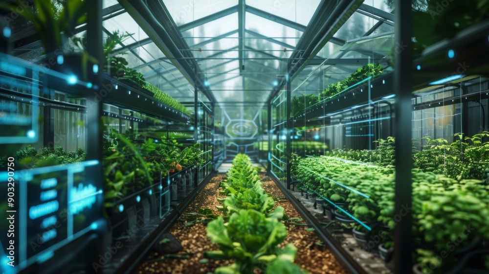 Poster a modern greenhouse filled with rows of plants and advanced technology monitoring the growing condit