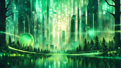 Fototapeta premium A green cityscape with a large green sphere in the middle