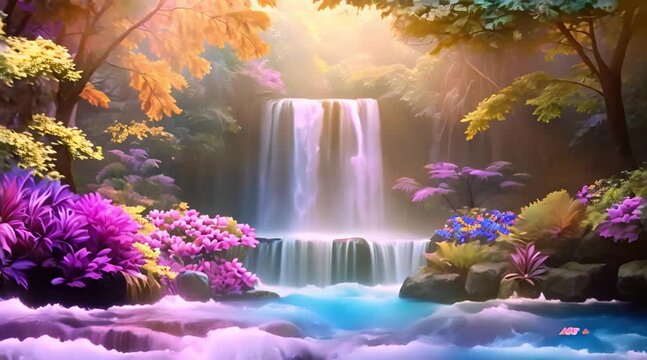 Enchanting fantasy waterfall cascading through a colorful forest of vibrant plants, creating a magical and whimsical scene