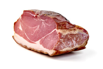 Italian prosciutto crudo or spanish jamon. Jerked meat, isolated on white background. High resolution image.