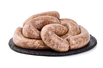 Spiral barbecue sausages, BBQ, isolated on white background.