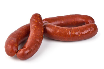 Grilled pork sausages, isolated on white background.