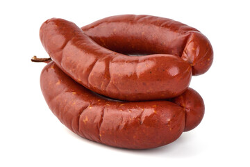 Grilled pork sausages, isolated on white background.