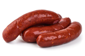 Grilled pork sausages, isolated on white background.