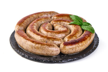 Grilled Munich Sausages, close-up, isolated on white background.