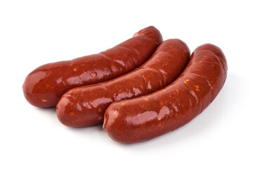 Grilled pork sausages, isolated on white background.