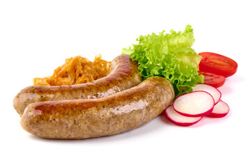 Grilled Munich Sausages, close-up, isolated on white background.