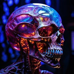 A close-up side view of an elongated alien head crystal skull, highlighting the eye sockets, the internal colors, and the structure of the skull against a dark, sophisticated cult background.