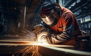 Skilled Craftsman Wearing Protective Gear Uses Electric Grinder to Shape Wooden Component