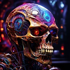 A close-up side view of an elongated alien head crystal skull, highlighting the eye sockets, the internal colors, and the structure of the skull against a dark, sophisticated cult background.