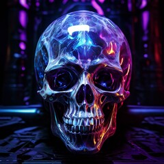 A close-up side view of an elongated alien head crystal skull, highlighting the eye sockets, the internal colors, and the structure of the skull against a dark, sophisticated cult background.