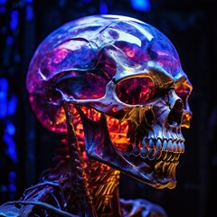 A close-up side view of an elongated alien head crystal skull, highlighting the eye sockets, the internal colors, and the structure of the skull against a dark, sophisticated cult background.