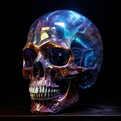 A close-up side view of an elongated alien head crystal skull, highlighting the eye sockets, the internal colors, and the structure of the skull against a dark, sophisticated cult background.