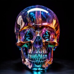 A close-up side view of an elongated alien head crystal skull, highlighting the eye sockets, the internal colors, and the structure of the skull against a dark, sophisticated cult background.