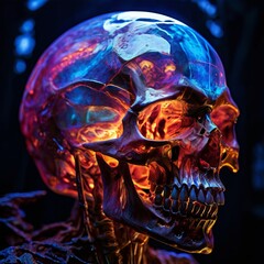 A close-up side view of an elongated alien head crystal skull, highlighting the eye sockets, the internal colors, and the structure of the skull against a dark, sophisticated cult background.