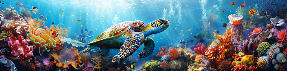 sea turtle swimming underwater, tropical marine wildlife background with copy space. Design for Wall Art, Poster Print, Wallpaper & Background
