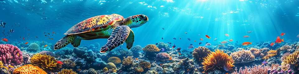 sea turtle swimming underwater, tropical marine wildlife background with copy space. Design for Wall Art, Poster Print, Wallpaper & Background