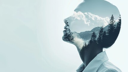 A pharmacist in a double exposure shot, merging with a digital interface and a serene nature scene of mountains and forests, ideal for a modern postcard