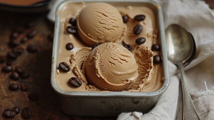 A small container of ice cream with two scoops of ice cream and some coffee beans on top
